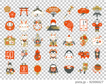 正月と年賀状の縁起物アイコンセット 正月と年賀状の縁起物アイコンセット 92006827