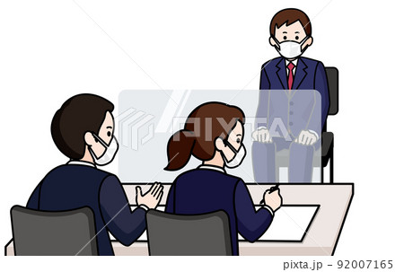 マスクをして面接を受ける男性 面接官男性と女性 マスクをして面接を受ける男性 面接官男性と女性 92007165