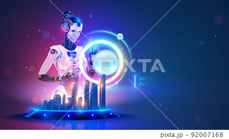 Beautiful Robot woman standing at the interactive table with hologram of smart city. Cyborg work with virtual abstract spherical interface. AI or artificial intelligence controls systems of smart city Beautiful Robot woman standing at the interactive table with hologram of smart city. Cyborg work with virtual abstract spherical interface. AI or artificial intelligence controls systems of smart city 92007168