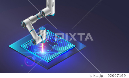 Technology electronic manufacturing of crystal semiconductor chip. Robotic arm productions silicon processor on crystal semiconductor. Electronics industry equipment. Nanotechnology cpu factory. 92007169