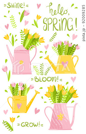 Vector set Hello Spring in pink, yellow and green colors 92009285