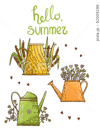Vector set Hello Summer in yellow, orange and green colors - four watering cans, bouquets, leaves 92009286