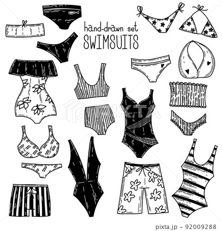 Vector set of cartoon doodle swimsuits and bikini underwear elements beach beauty brassiere  92009288