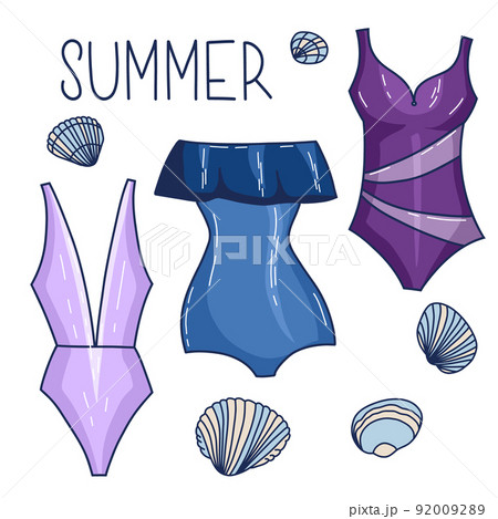 Vector set of cartoon doodle swimsuits and bikini underwear elements, beach beauty brassiere 92009289