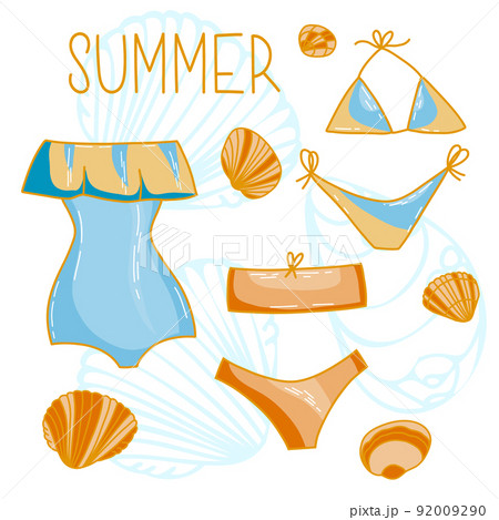 Vector set of cartoon doodle swimsuits and bikini underwear elements, beach beauty brassiere 92009290