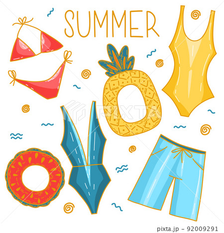 Vector set of cartoon doodle swimsuits and bikini underwear elements, beach beauty brassiere 92009291