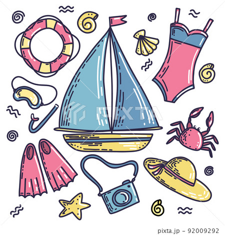 Vector set of illustrations, different elements on the summer theme: sailboat, swimsuit Vector set of illustrations, different elements on the summer theme: sailboat, swimsuit 92009292