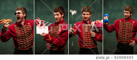 Collage with portraits of young funny man in suit as medieval hussar in differents images isolated on dark green background. Retro style, comparison of eras concept. Collage with portraits of young funny man in suit as medieval hussar in differents images isolated on dark green background. Retro style, comparison of eras concept. 92009305