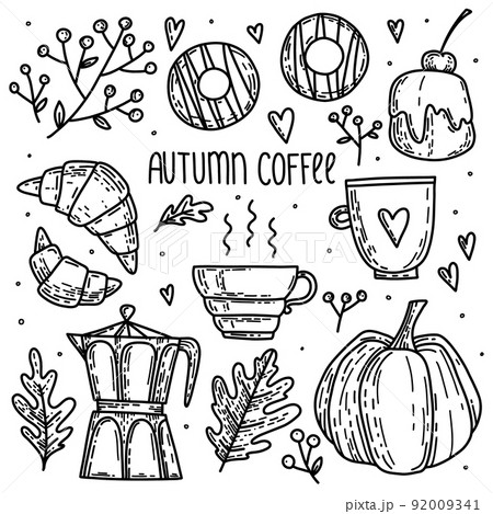 Vector cozy fall set with cute fall pumpkin, cream cakes, hot chocolate drink, coffee pot, 92009341