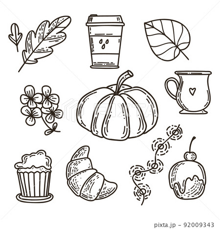 Autumn doodle elements in brown color: oak leaves, coffee cup, garland, Autumn doodle elements in brown color: oak leaves, coffee cup, garland, 92009343