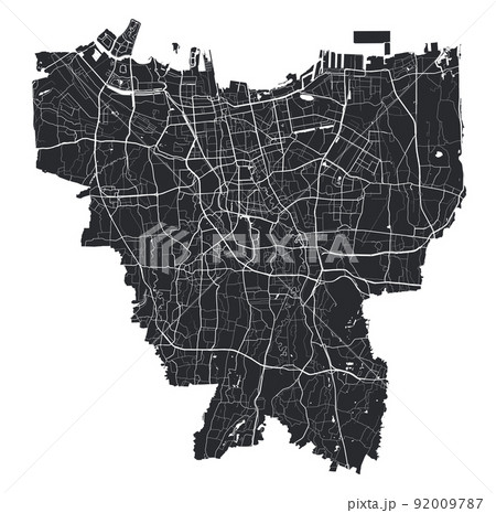 Jakarta vector map. Detailed black map of Jakarta city poster with streets. Cityscape urban vector. 92009787