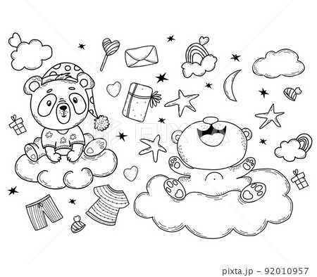 Set of cute panda. characters Joyful Panda and in pajamas on cloud, gifts, stars and rainbow, candy, box and heart. Vector illustration. Isolated linear hand drawings for nursery collection Set of cute panda. characters Joyful Panda and in pajamas on cloud, gifts, stars and rainbow, candy, box and heart. Vector illustration. Isolated linear hand drawings for nursery collection 92010957