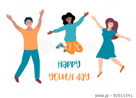 Youth day celebration. Happy young people jumping and smiling. Girls and man celebrating International Youth Day August 12. Flat vector poster, banner, greeting card illustration 92011541