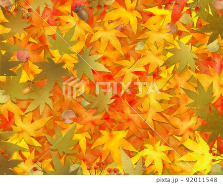 和風豪華なゴールドと秋の紅葉した葉っぱと木の実の敷き詰められた大胆でオシャレな和風壁紙素材 92011548