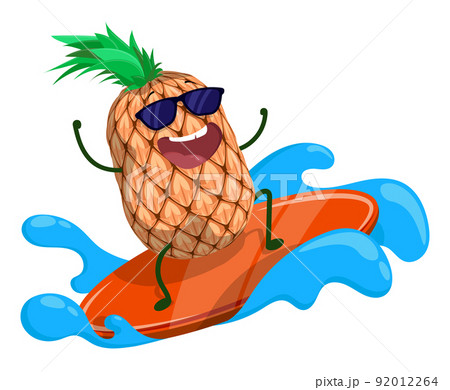 Cheerful pineapple surfs on wave with surfboard. Delicious and wholesome foods, vegetables and fruits. Healthy lifestyle. Cartoon vector isolated on white background Cheerful pineapple surfs on wave with surfboard. Delicious and wholesome foods, vegetables and fruits. Healthy lifestyle. Cartoon vector isolated on white background 92012264
