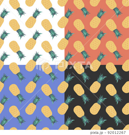 Set of seamless patterns with juicy ripe pineapple. Harvesting tropical fruits. Ornament for decoration and printing on fabric. Design element. Vector 92012267