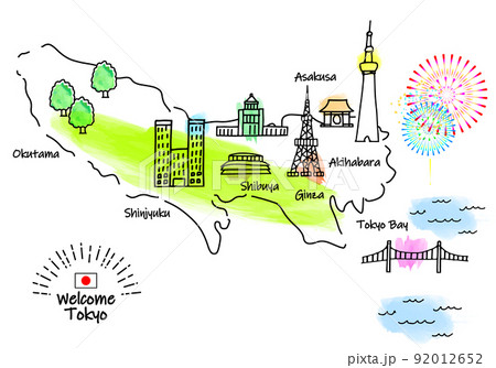 手描きの東京の観光地のシンプル線画イラストマップ 手描きの東京の観光地のシンプル線画イラストマップ 92012652