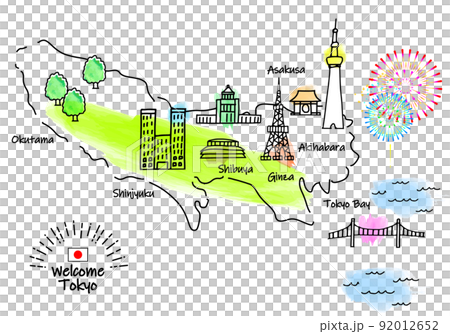 手描きの東京の観光地のシンプル線画イラストマップ 手描きの東京の観光地のシンプル線画イラストマップ 92012652