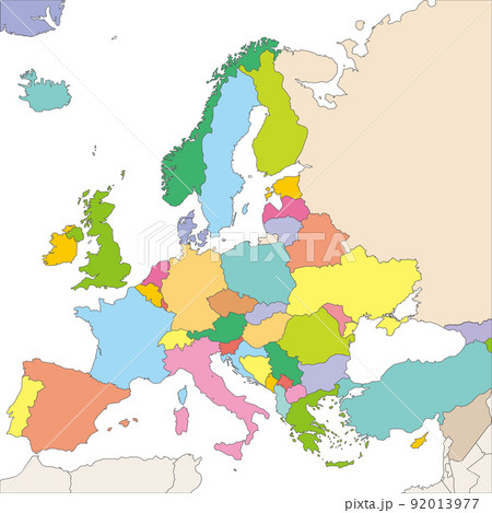 ヨーロッパ全体の地図と国境、カラフルで楽しい ヨーロッパ全体の地図と国境、カラフルで楽しい 92013977