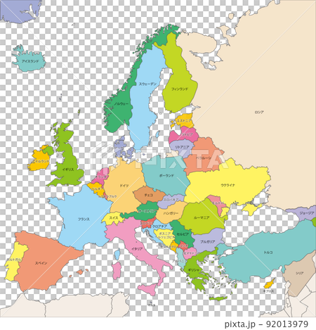 ヨーロッパ全体の地図と国境、日本語の国名のイラスト素材 [92013979