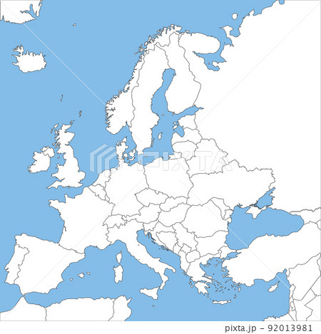 ヨーロッパ全体の白地図と国境、地中海沿岸