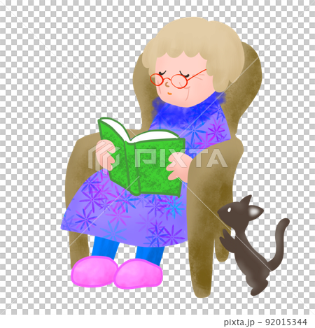 Illustration of an old lady reading a book in an armchair Illustration of an old lady reading a book in an armchair 92015344