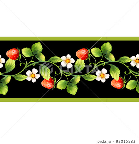 Strawberry with flowers, wild berries, leaves. Seamless decorative border on black background. 92015533