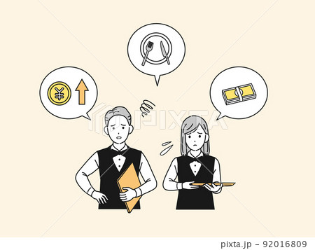 赤字　値上げ　価格上昇　困る　飲食店　レストラン　店員　インフレ 92016809