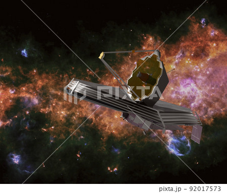 James Webb Space Telescope in Space. Elements of this image furnished by NASA. 3d rendering. James Webb Space Telescope in Space. Elements of this image furnished by NASA. 3d rendering. 92017573