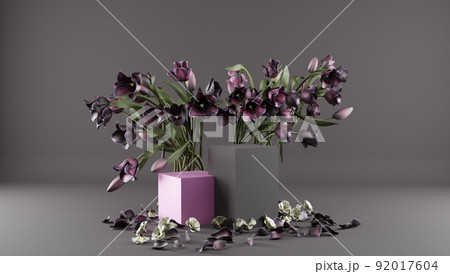 3D rendering flower background with geometric shape podium for product display, minimal concept, Premium illustration pastel floral elements, beauty, cosmetic. 92017604