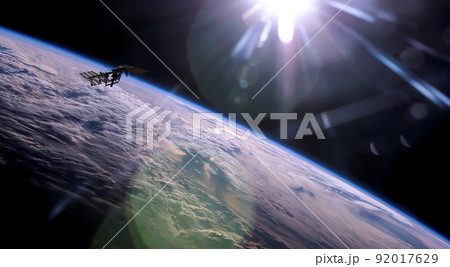 International space station on orbit of Earth planet. ISS. Dark background. Elements of this image furnished by NASA. 3d rendering. 92017629