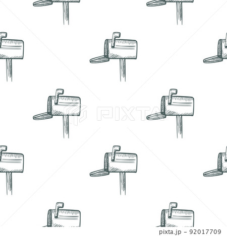 Mailbox engraved seamless pattern. Vintage letterbox in hand drawn style. 92017709