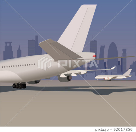 The tail of the plane on the background of the metropolis. Vector. 92017856
