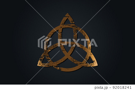 Gold Ancient Triquetra, Trinity Knot, Wiccan symbol for protection. Grunge Celtic old sign. Wiccan divination symbol, occult symbols, sacred geometry vector isolated on black background 92018241