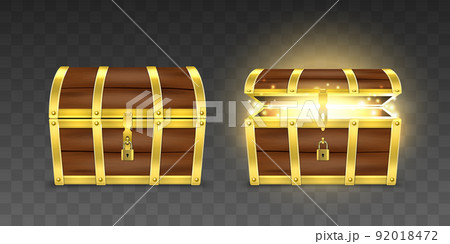 Vector 3d Realistic Wooden Chest with Opened and Closed Lid and Padlock. Pirate Treasure Box with Magic Glow Inside. Old Wood Trunk with Golden Fetter. Empty Vintage Coffer Isolated Vector 3d Realistic Wooden Chest with Opened and Closed Lid and Padlock. Pirate Treasure Box with Magic Glow Inside. Old Wood Trunk with Golden Fetter. Empty Vintage Coffer Isolated 92018472