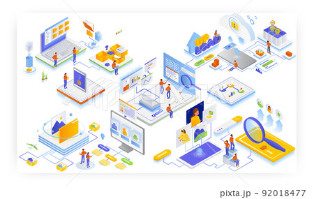 Upload files to cloud storage, organize stuff, find photos faster and create smart albums, vector isometric illustration 92018477