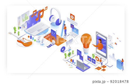 Song writer, video blogger, flat vector isometric illustration. Music production. Blogging, vlogging. Song writer, video blogger, flat vector isometric illustration. Music production. Blogging, vlogging. 92018478