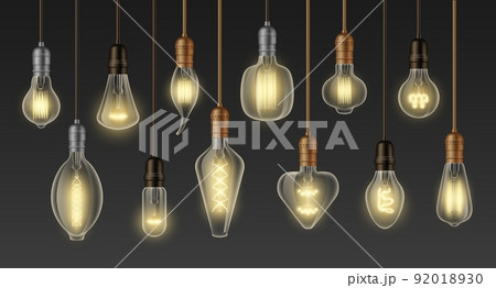 Incandescent lamps. Vintage glowing 3D realistic light bulb, retro loft ceiling filament chandelier, modern interior decoration. Vector isolated set 92018930