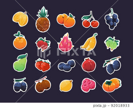 Cartoon fruit stickers. Fresh colorful organic fruits graphic bundle, sprite game asset of apple, apricot strawberry pineapple pomegranate raspberry. Vector set 92018933
