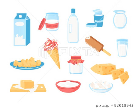 Milk products. Cartoon dairy farm food, organic cheese creams ice cream butter yoghurt in glass bottle and plastic packaging. Vector healthy food with calcium isolated set Milk products. Cartoon dairy farm food, organic cheese creams ice cream butter yoghurt in glass bottle and plastic packaging. Vector healthy food with calcium isolated set 92018943