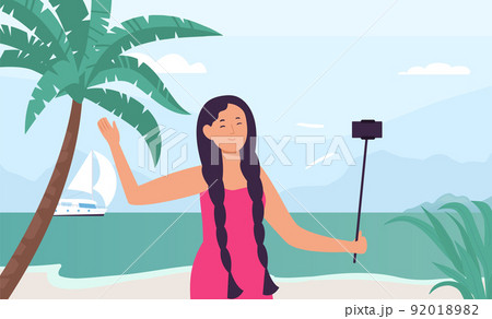 Girl blogger record travel vlog hold phone on selfie stick. Female character having vacation on seaside Girl blogger record travel vlog hold phone on selfie stick. Female character having vacation on seaside 92018982
