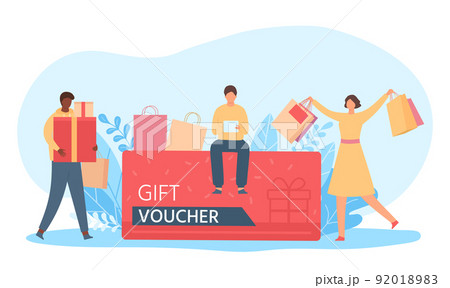Gift card voucher. Tiny people sitting and standing near coupon with shopping bags and gift boxes. Woman and man celebration Gift card voucher. Tiny people sitting and standing near coupon with shopping bags and gift boxes. Woman and man celebration 92018983