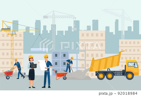 Flat houses construction site. People in uniform and helmets working and building block of flats. Manager and architect Flat houses construction site. People in uniform and helmets working and building block of flats. Manager and architect 92018984