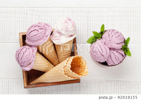 Various ice cream in waffle cones Various ice cream in waffle cones 92019155