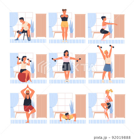People Characters Doing Sport at Home with Dumbbells Squatting and Stretching Body Vector Illustration Set People Characters Doing Sport at Home with Dumbbells Squatting and Stretching Body Vector Illustration Set 92019888