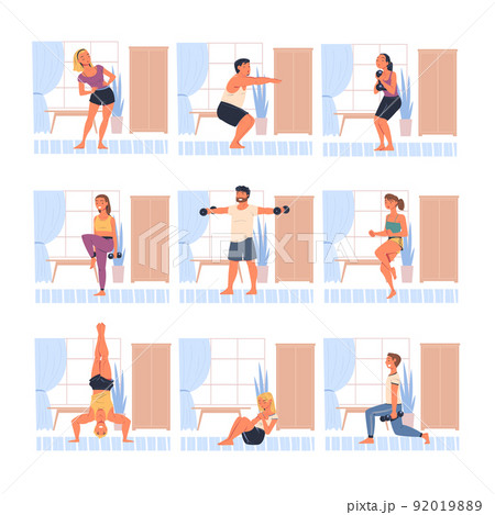 People Characters Doing Sport at Home with Dumbbells Squatting and Stretching Body Vector Illustration Set 92019889