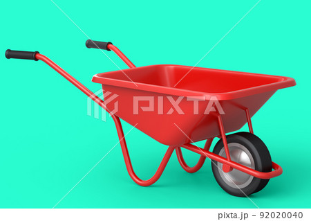 Garden wheelbarrow isolated on green background. Handcart with wheel. 92020040