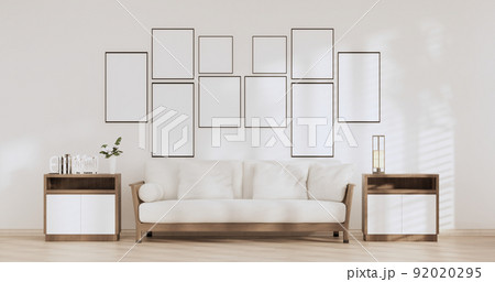 Sofa on room tropical interior with tatami mat floor and white wall.3D rendering Sofa on room tropical interior with tatami mat floor and white wall.3D rendering 92020295