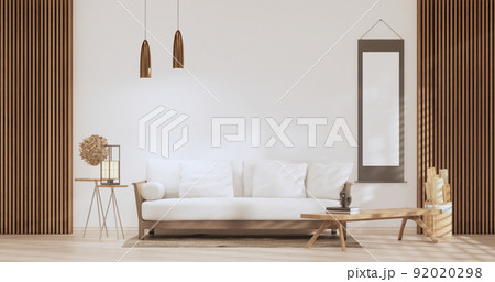 Sofa on room tropical interior with tatami mat floor and white wall.3D rendering Sofa on room tropical interior with tatami mat floor and white wall.3D rendering 92020298