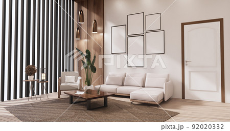 Sofa on room tropical interior with tatami mat floor and white wall.3D rendering 92020332